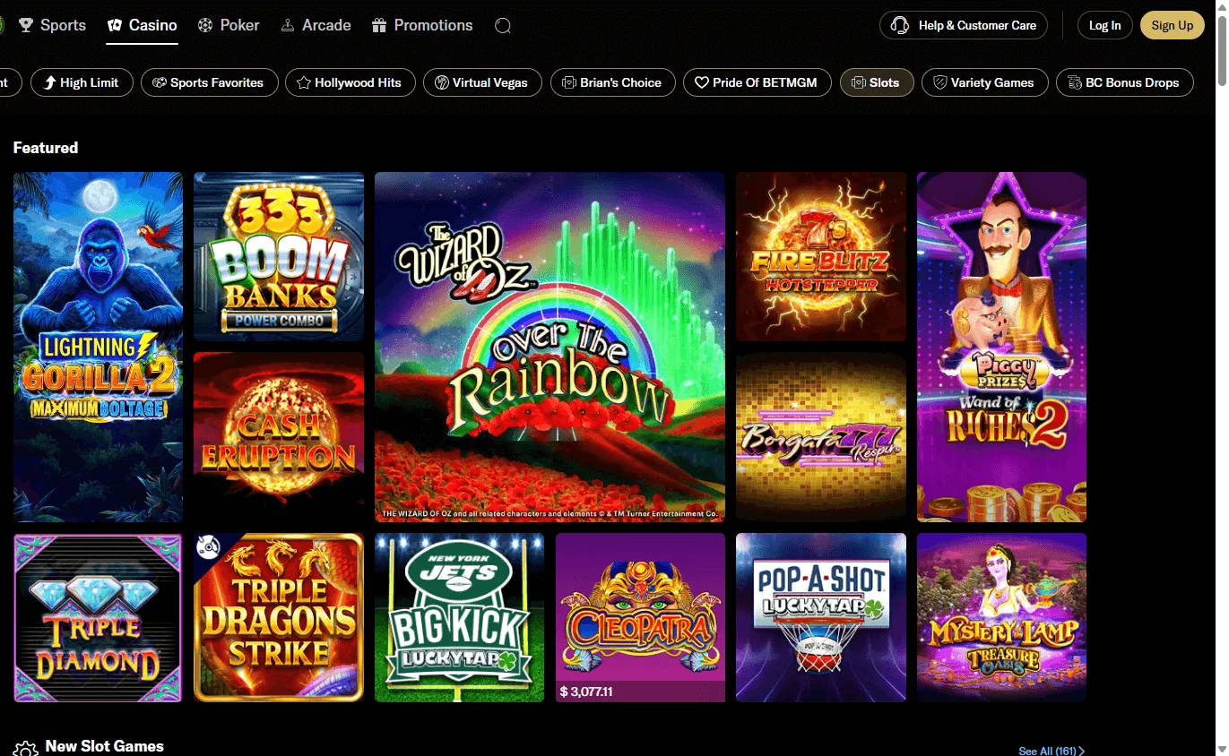 BetMGM Casino desktop games screen with slots and casino categories