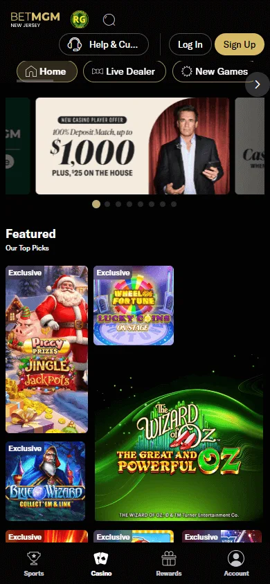 BetMGM Casino mobile home screen with casino content and promotions