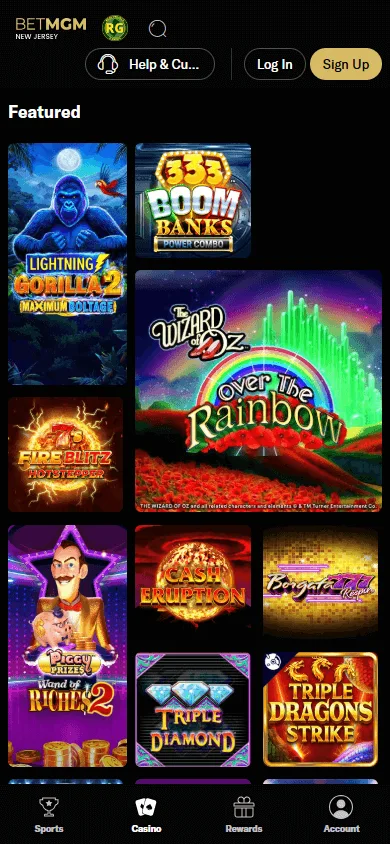 BetMGM Casino mobile games screen with casino titles and game categories