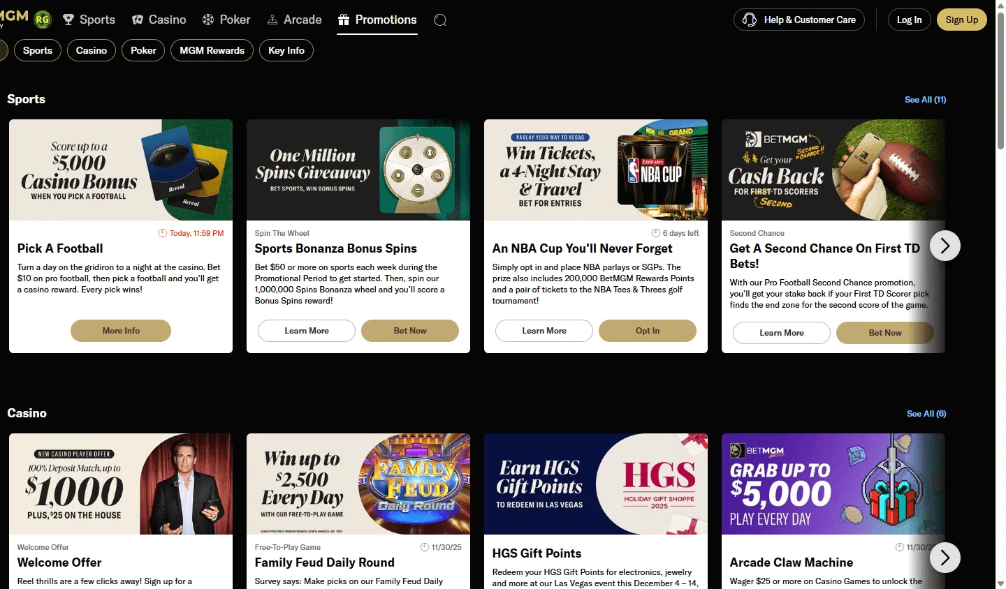 BetMGM Casino desktop promotions screen with bonus and reward offers