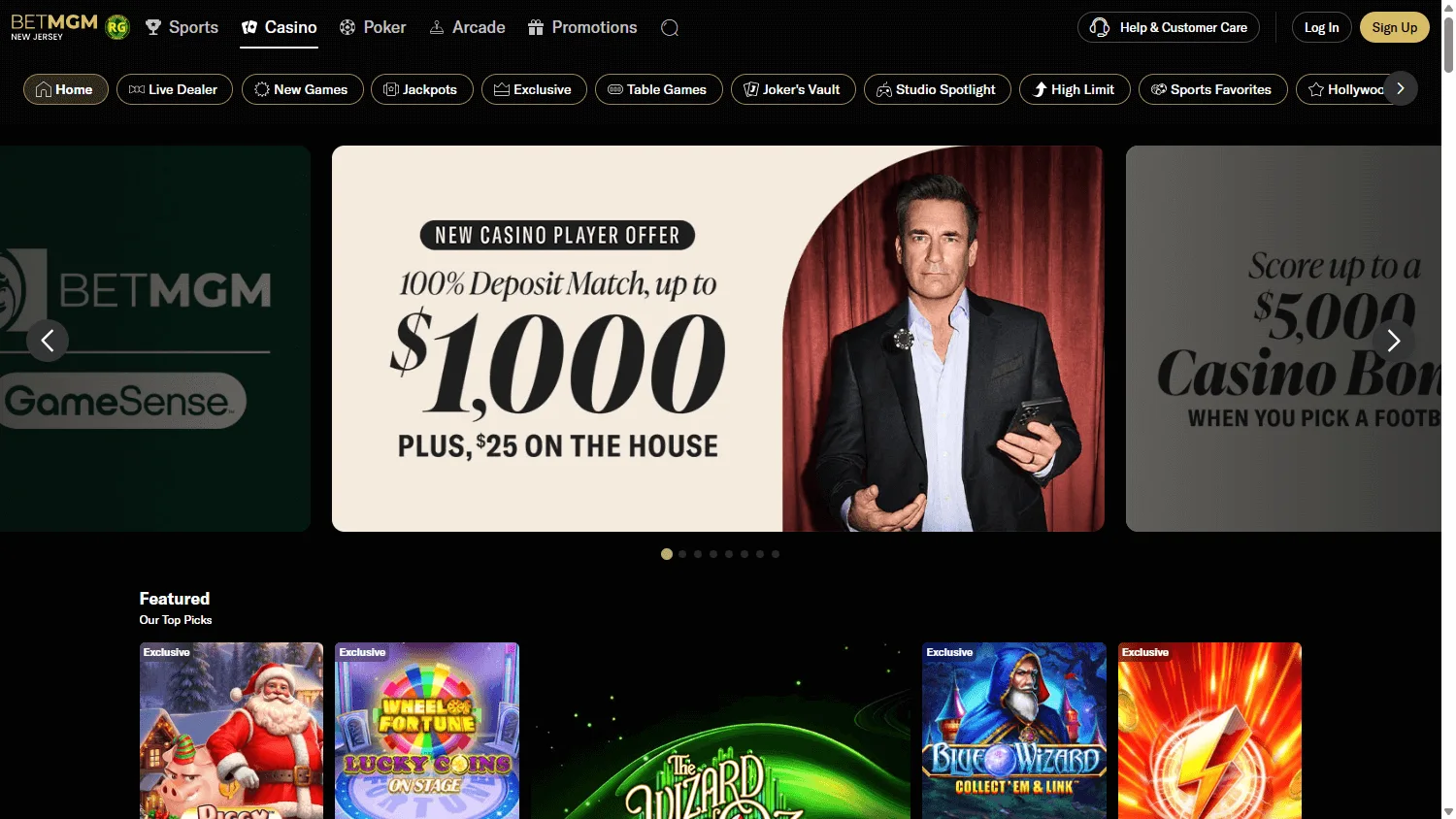 BetMGM Casino desktop home screen with casino content and promotional offer